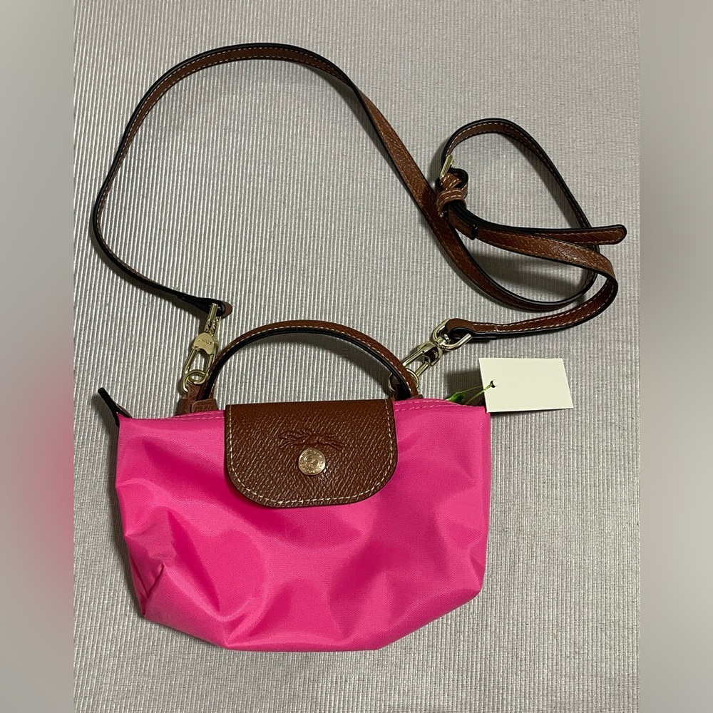 Longchamp Hot Pink Mini Crossbody with Brown Leather Trim
